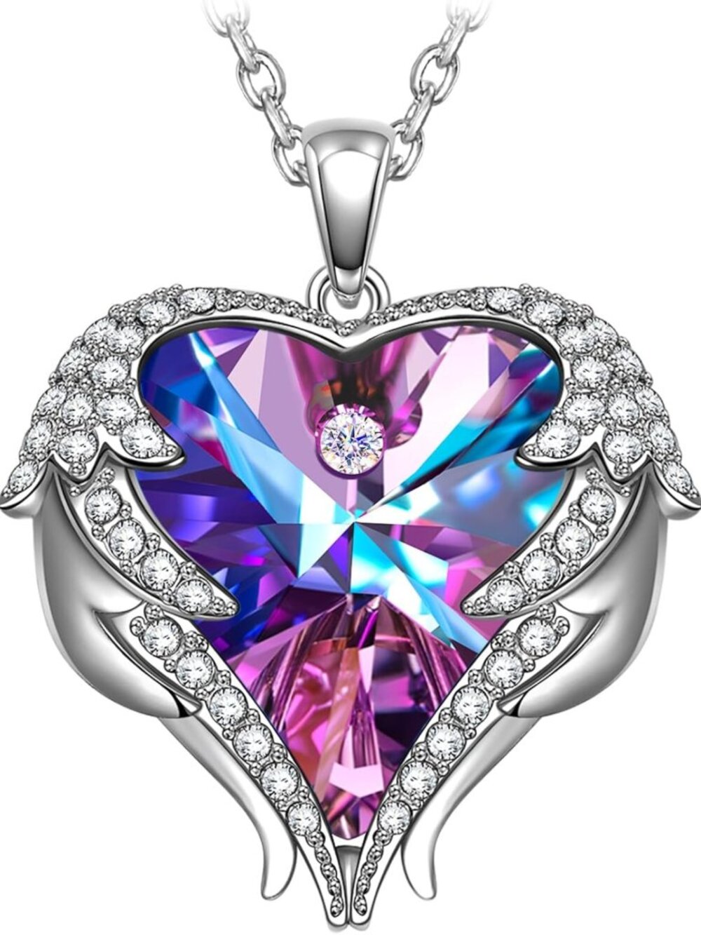 Angel Wings Heart Pendant Necklace for Women - White Gold Plated Jewelry